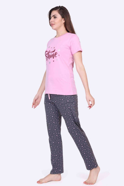 Women Night Suit Printed Pink Color Top & Star Printed Dark Grey Pyjama Set