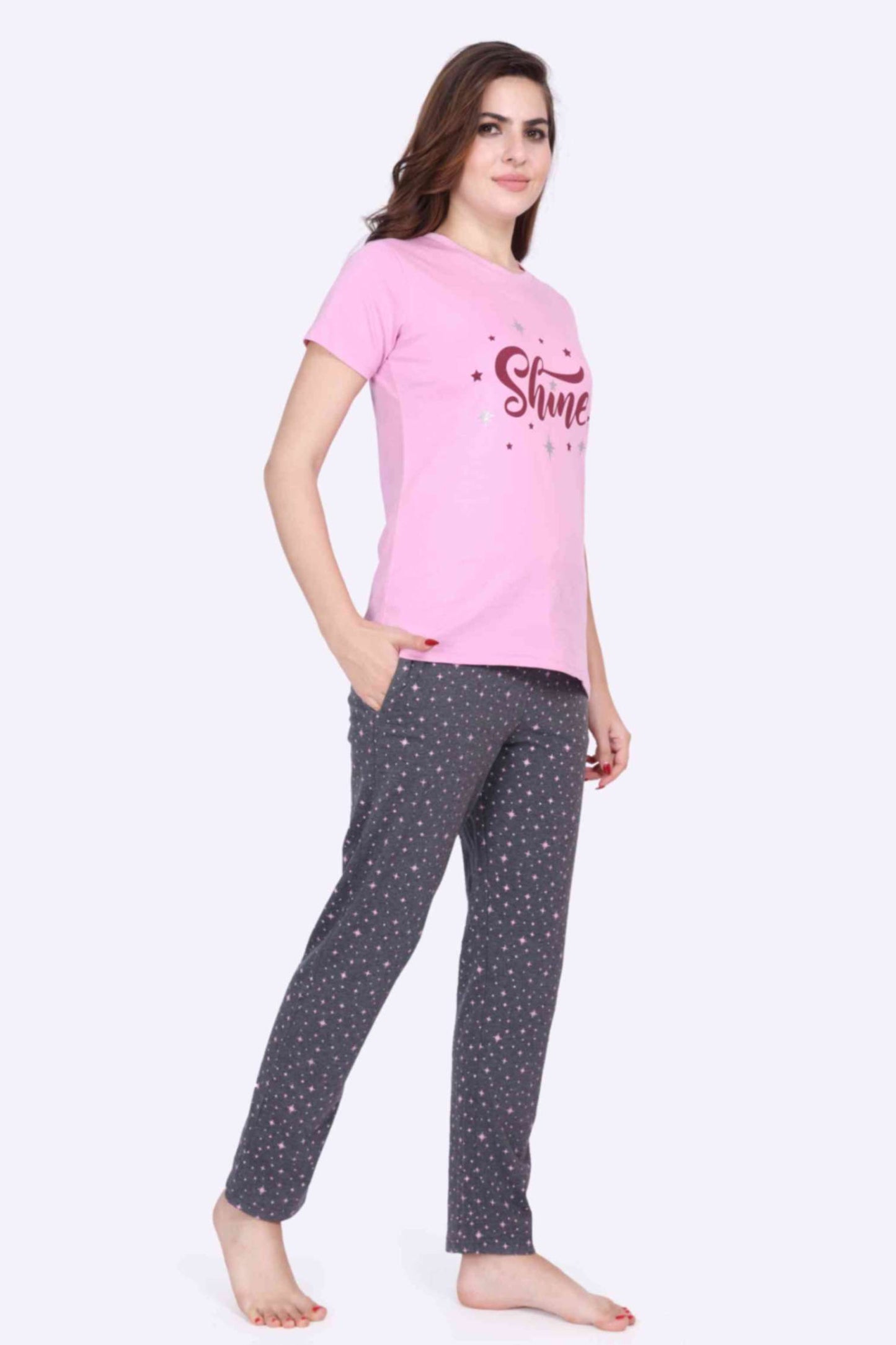 Women Night Suit Printed Pink Color Top & Star Printed Dark Grey Pyjama Set