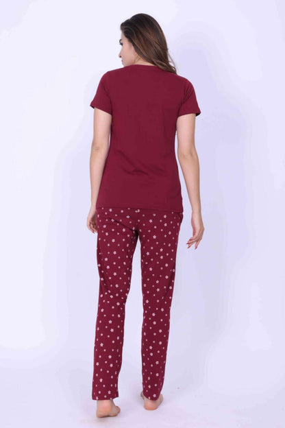 Women Night Suit Flower Printed Rose Red Color Top & Pyjama Set