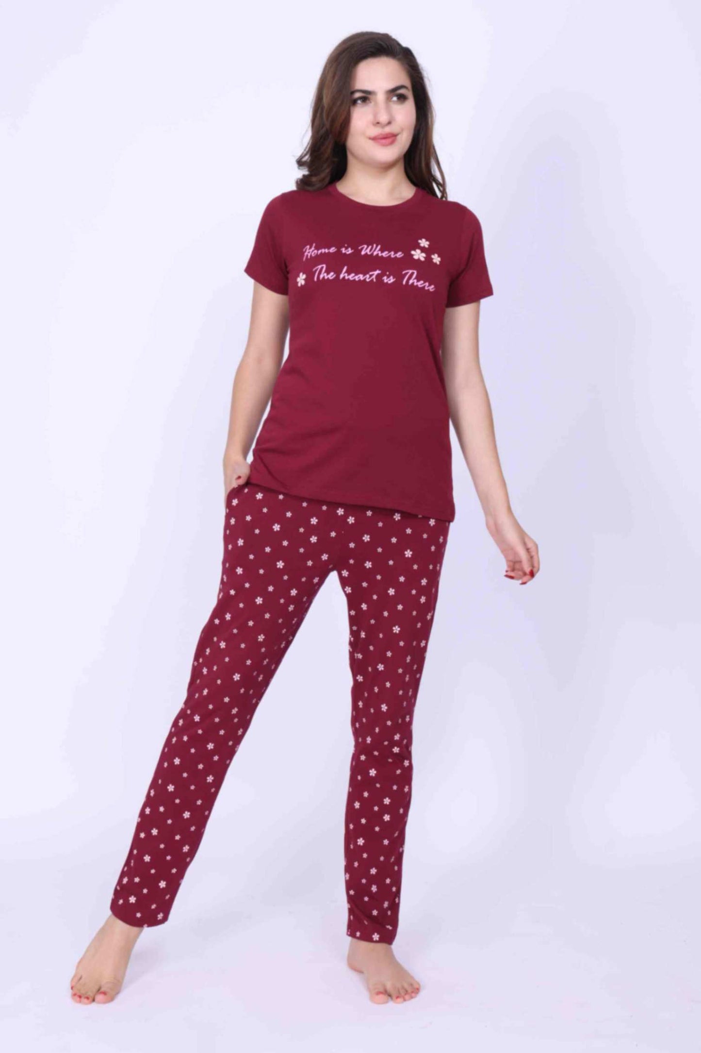 Women Night Suit Flower Printed Rose Red Color Top & Pyjama Set