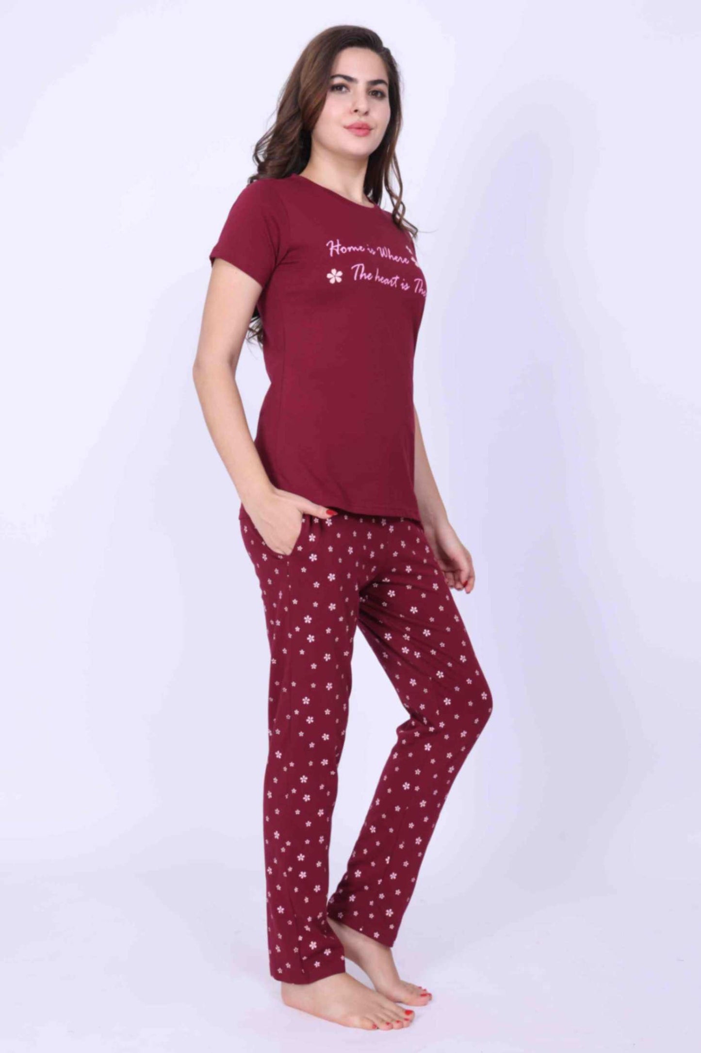 Women Night Suit Flower Printed Rose Red Color Top & Pyjama Set