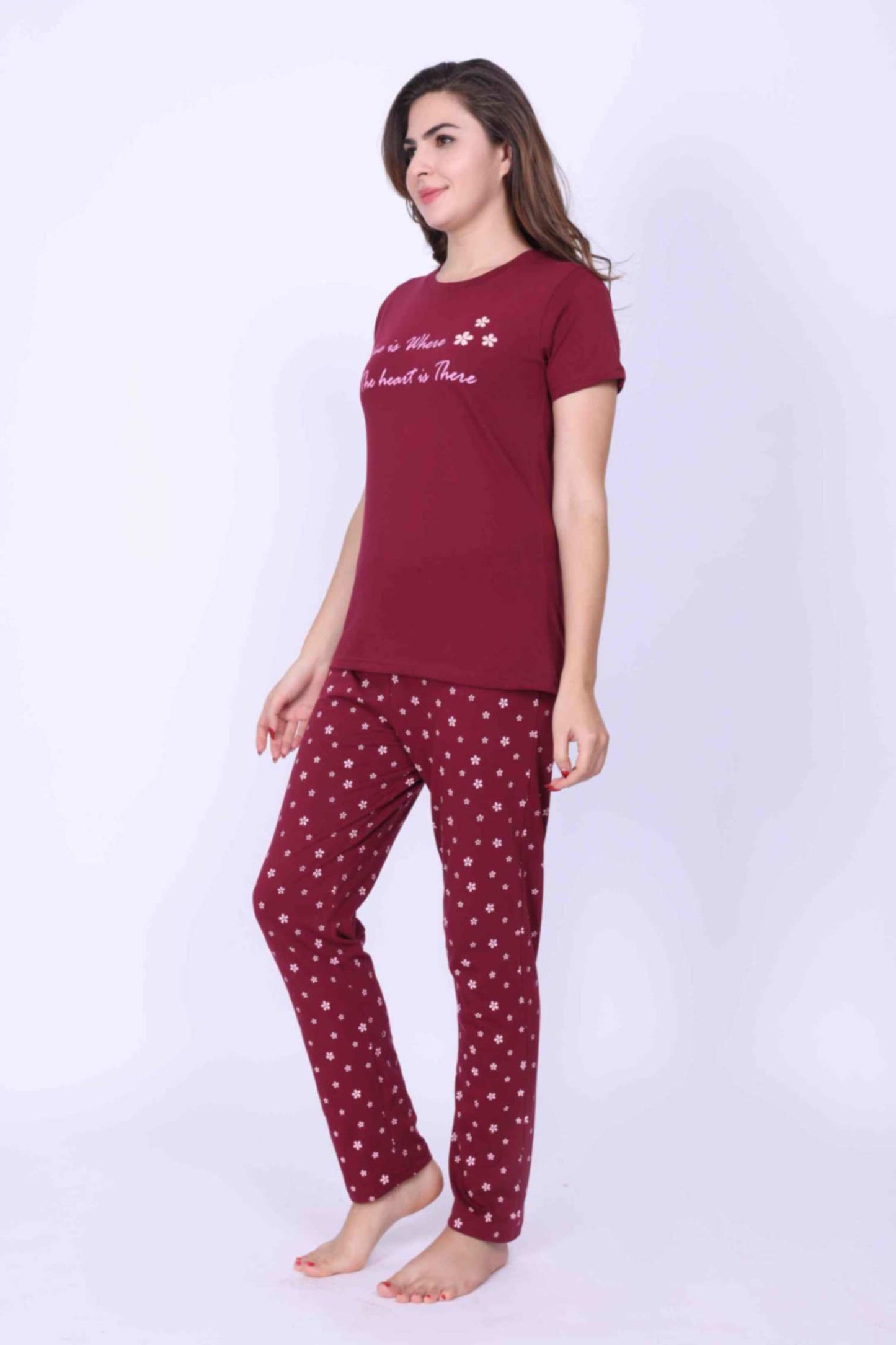 Women Night Suit Flower Printed Rose Red Color Top & Pyjama Set