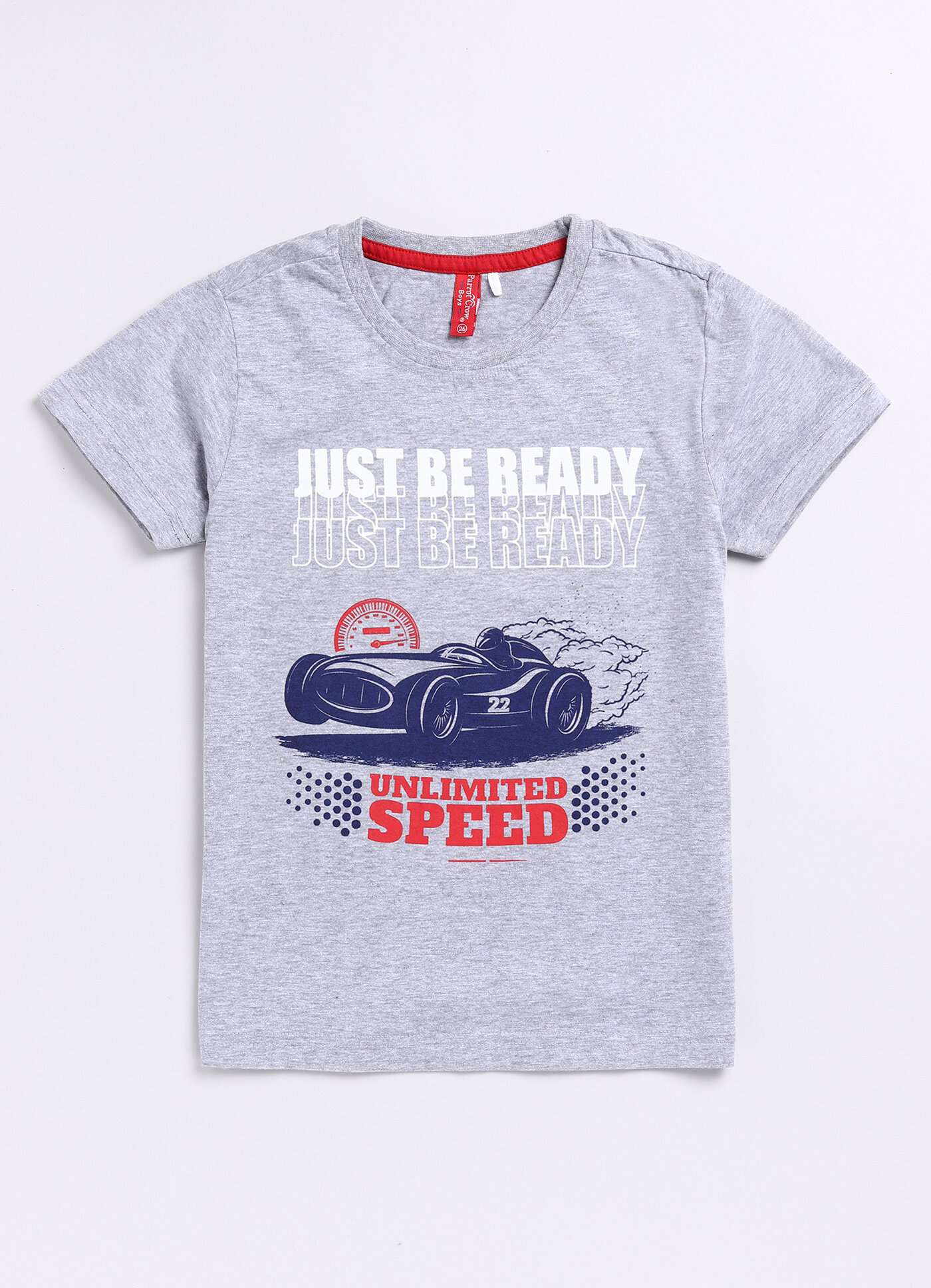 Just Be Ready For Unlimited Speed Printed Grey Melange cotton t-shirt for  boys – Parrotcrow